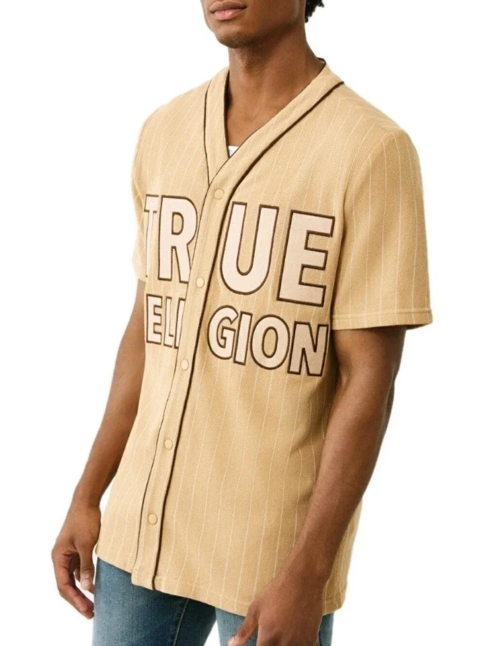 TRUE RELIGION: MEN'S LOGO BASEBALL JERSEY: BEIGE: SIZE: MEDIUM: BRAND NEW